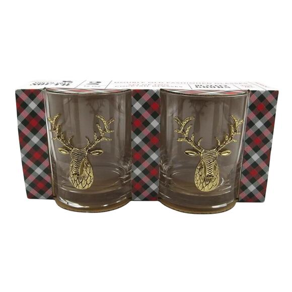 Christmas Gold Stag Old Fashioned Whiskey Glasses 12oz. Holiday Cocktail New - Picture 1 of 13